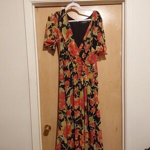 RALPH LAUREN Orange and Pink Wrap Maxi Dress Puff Sleeve